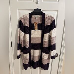 Poppy & Whimsy New Open Cardigan Plush Knit Stretch Purple Tan White Stripe 1X